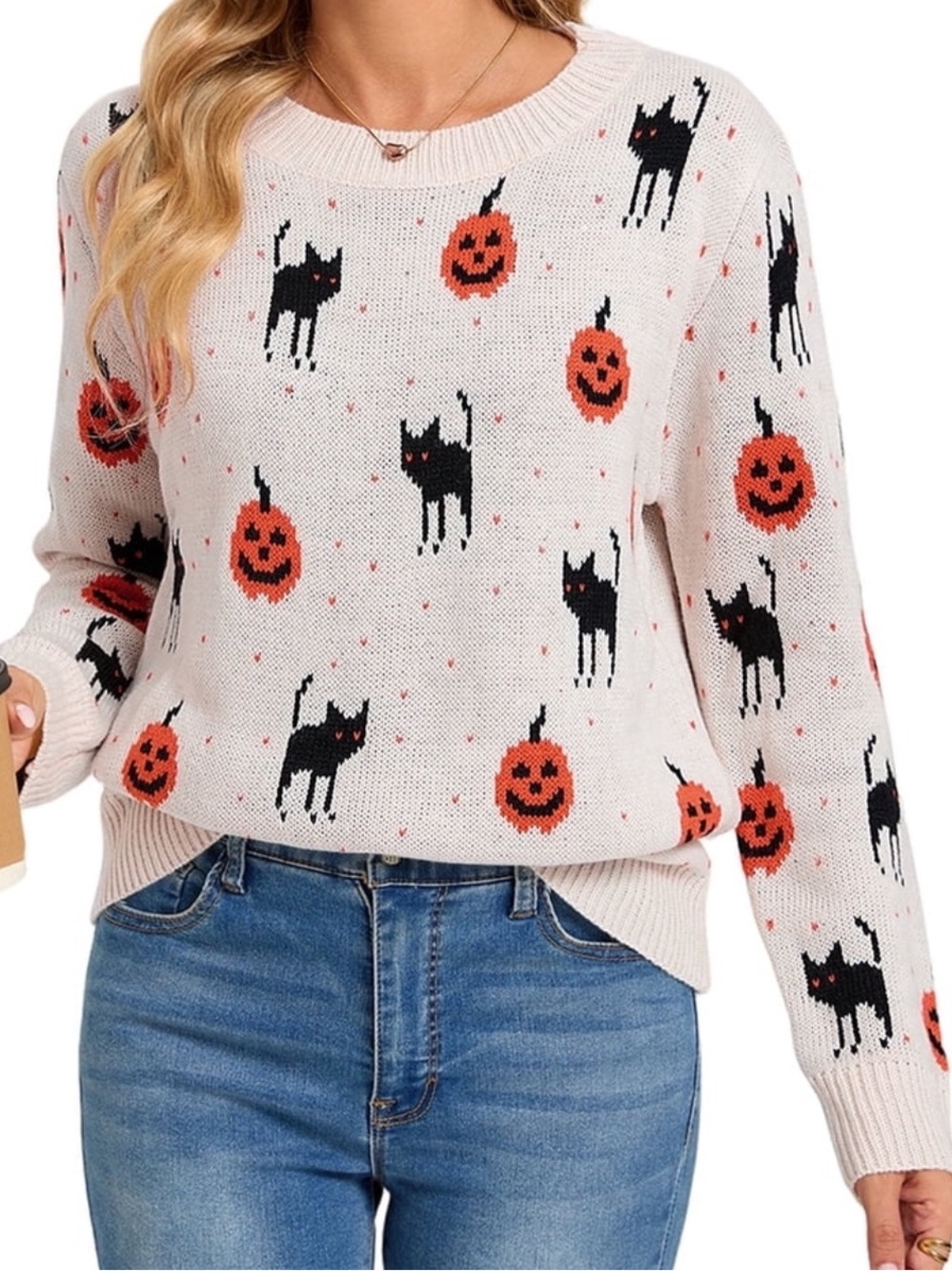 Women’s Cream Halloween Sweater with Black Cats & Orange Pumpkins